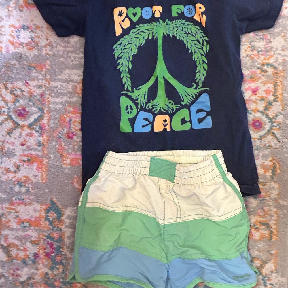 Patagonia tee and board shorts - 5T - blue and green